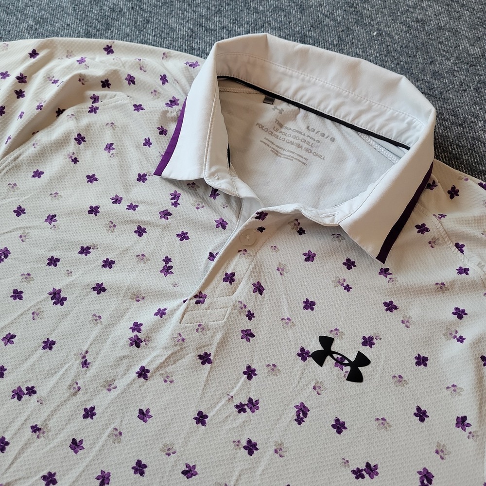 Under Armour Polo Shirt Mens Large White Purple Iso Chill Floral Performance AOP